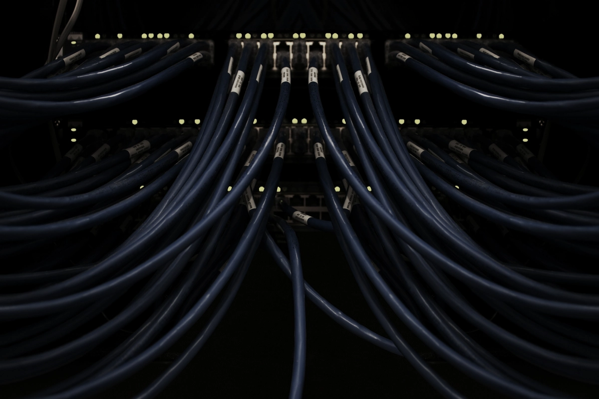 A dense patch panel in a dark equipment rack, with dozens of cables looping out of it.