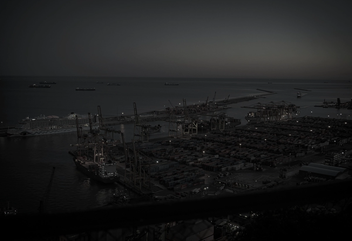 A container terminal seen from above at dusk, its yards and cranes running out into the sea.