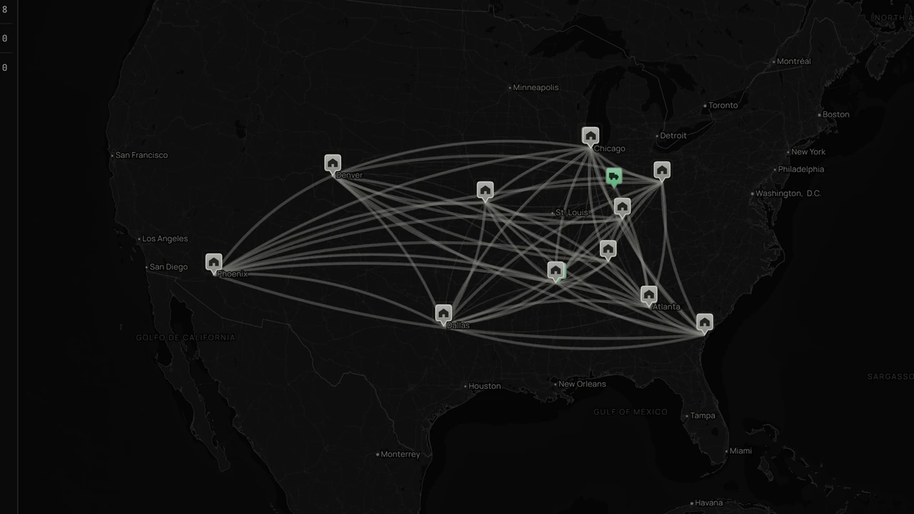Terra's network map of North America, with sites marked by load.