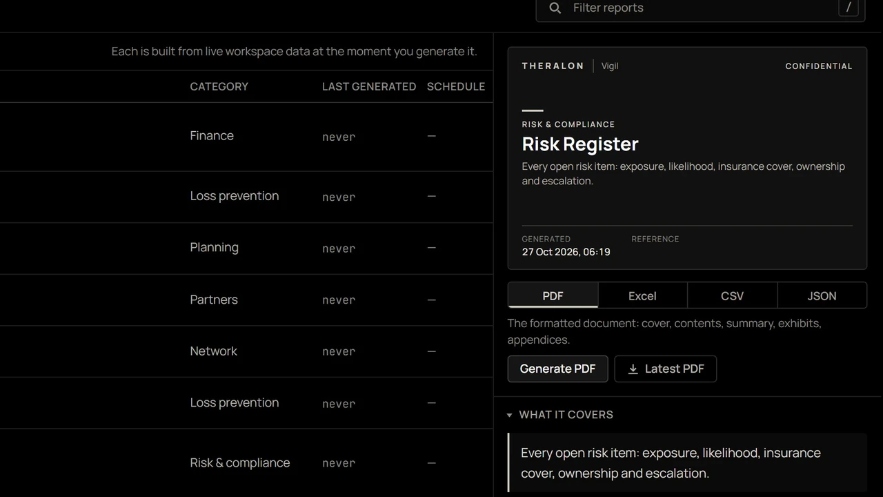 The risk register generated as a report in Vigil.